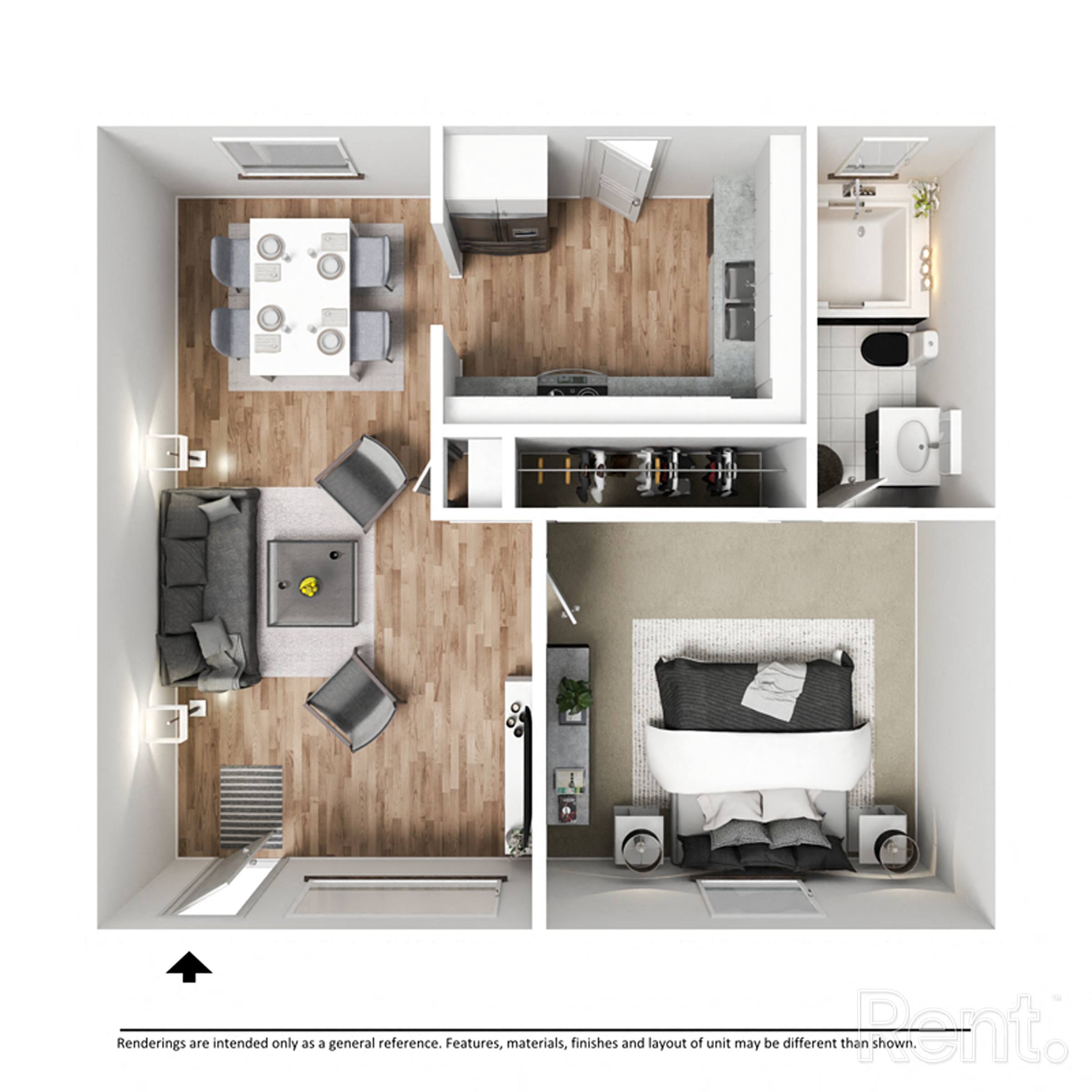 Floor plan for 1 bed, 1 bath, 524 sqft