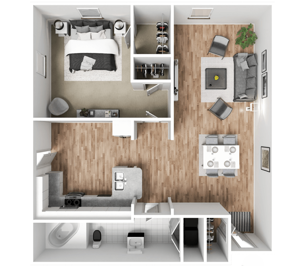 Floor plan for 1 bed, 1 bath, 588 sqft