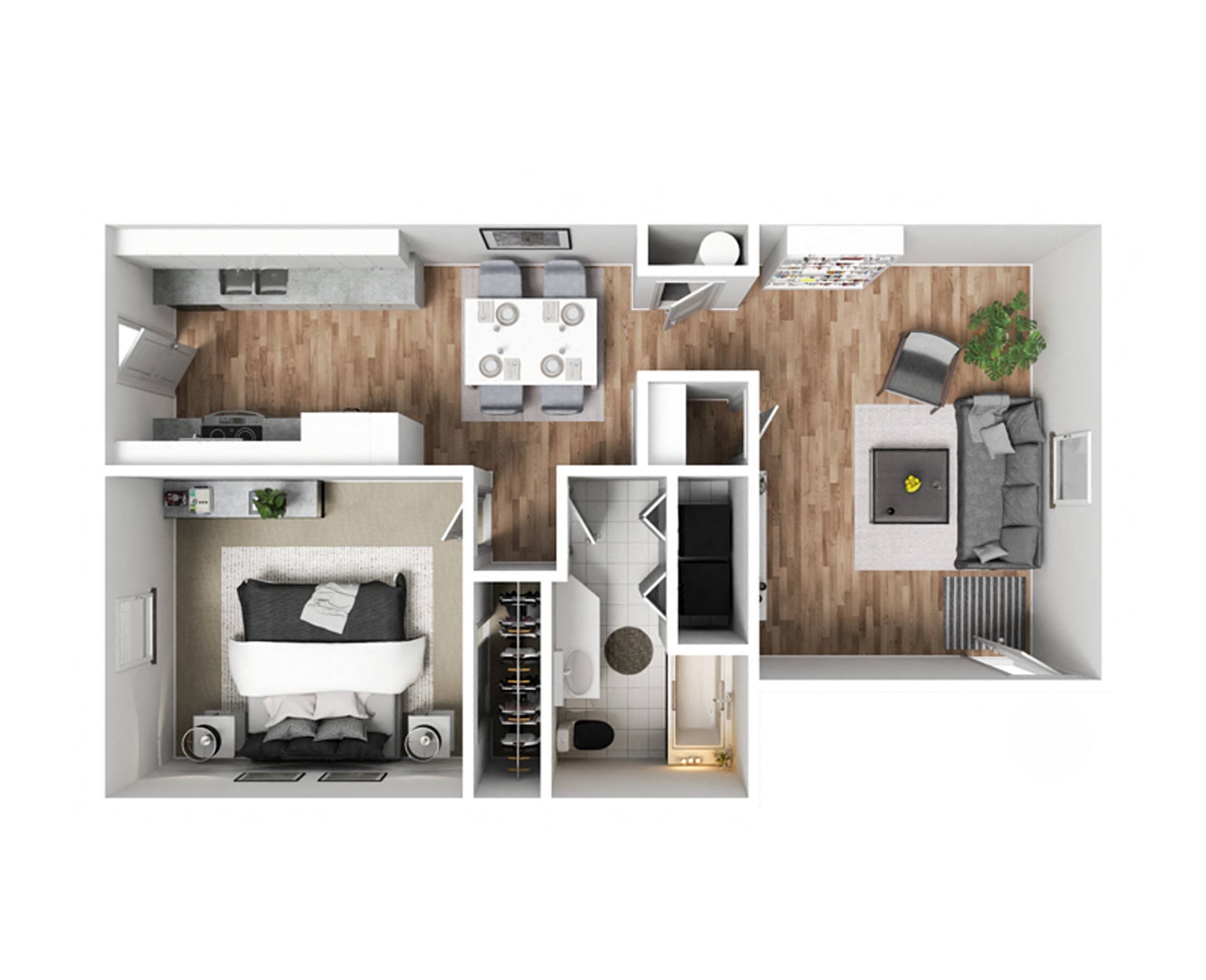 Floor plan for 1 bed, 1 bath, 608 sqft