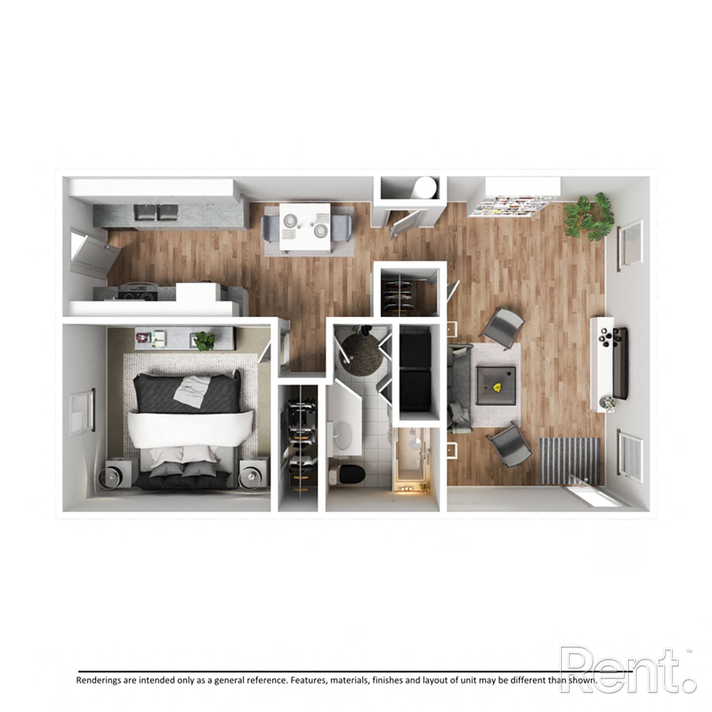 Floor plan for 1 bed, 1 bath, 665 sqft