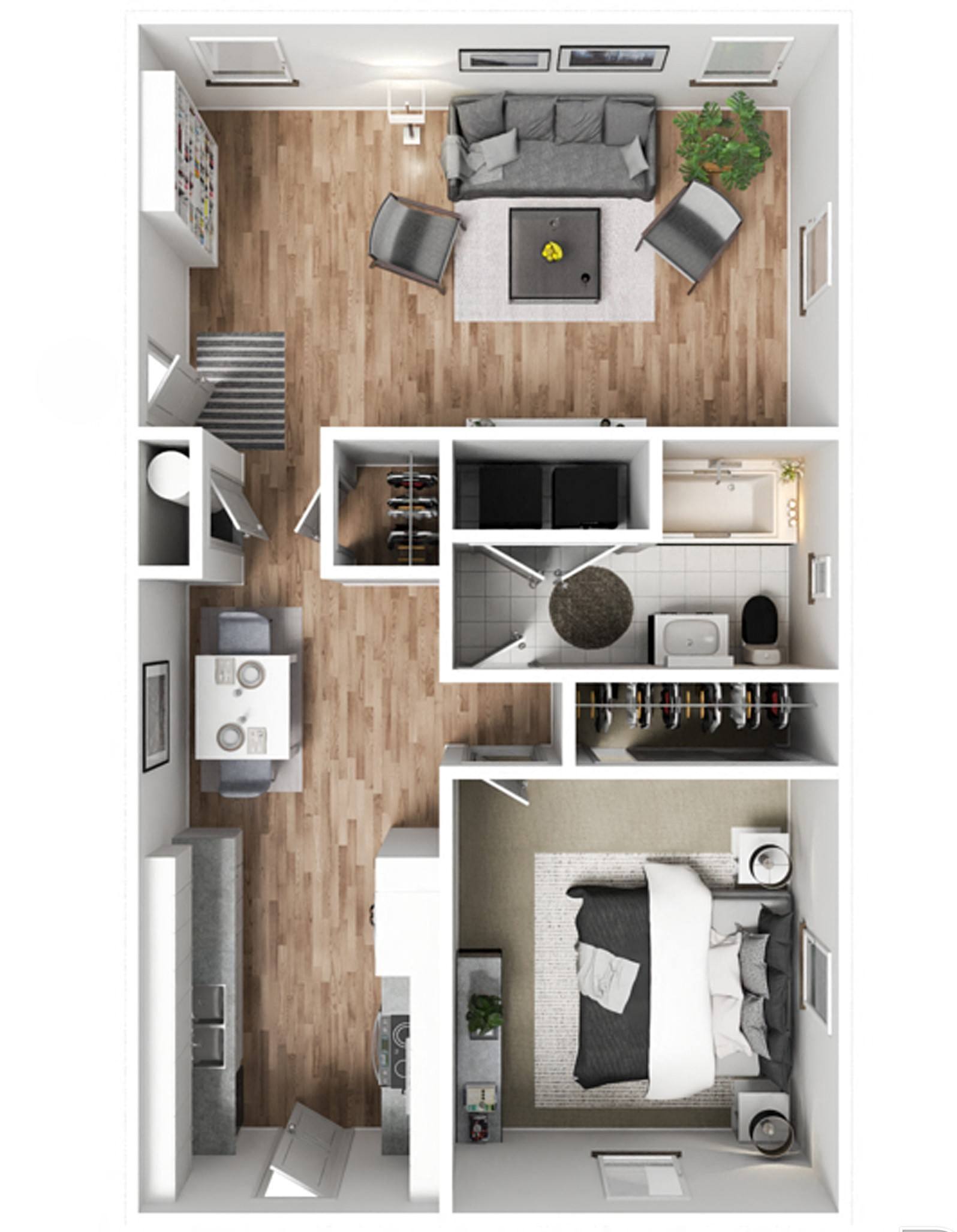 Floor plan for 1 bed, 1 bath, 683 sqft