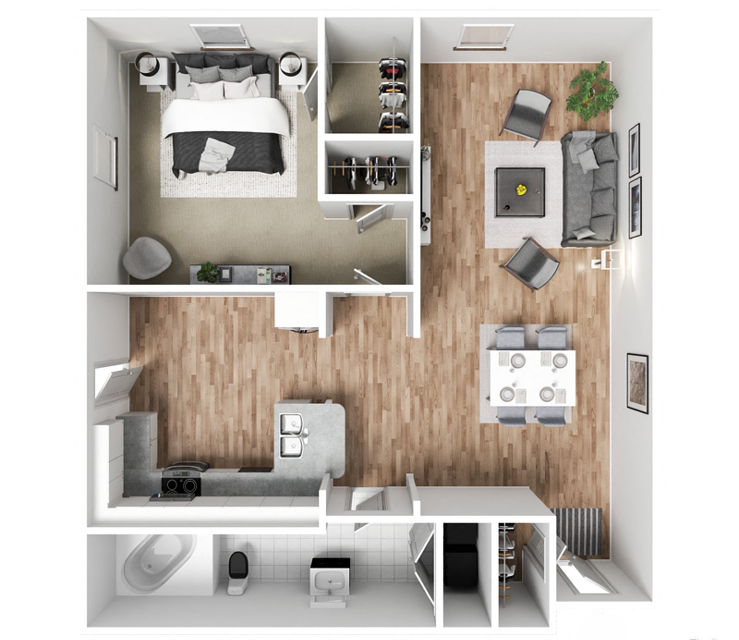 Floor plan for 1 bed, 1 bath, 736 sqft