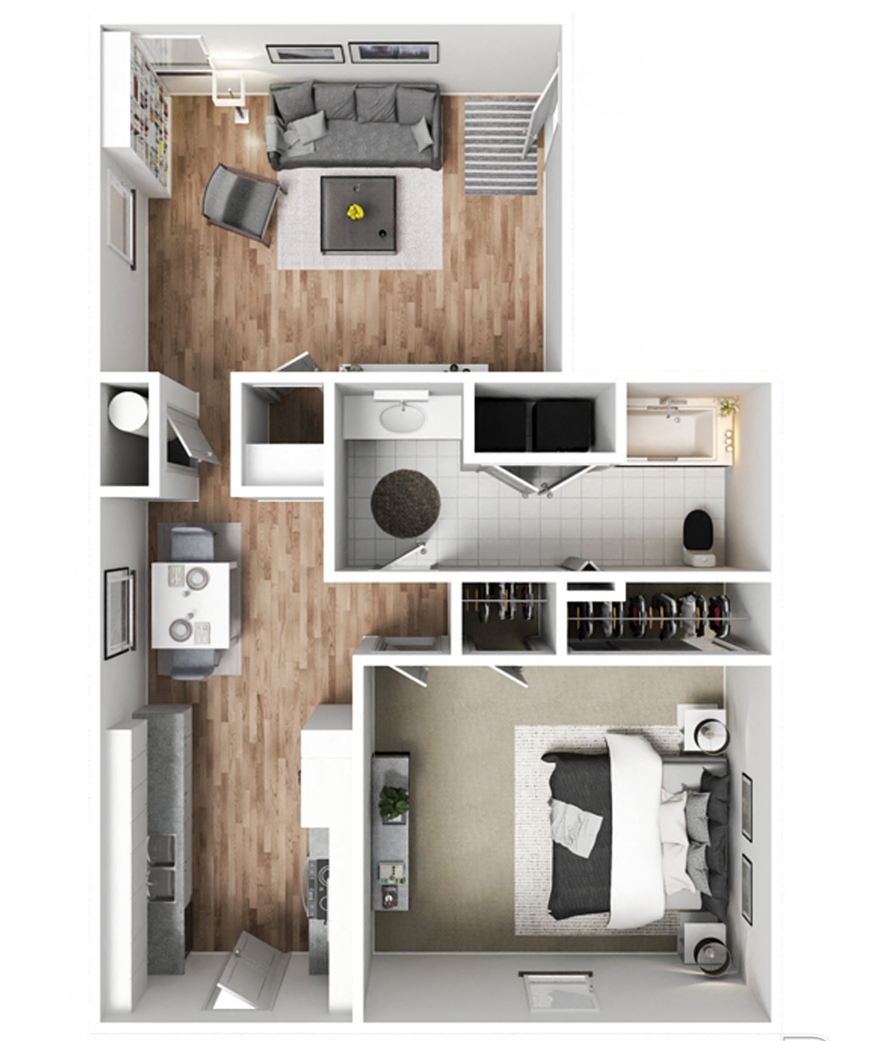 Floor plan for 1 bed, 1 bath, 775 sqft