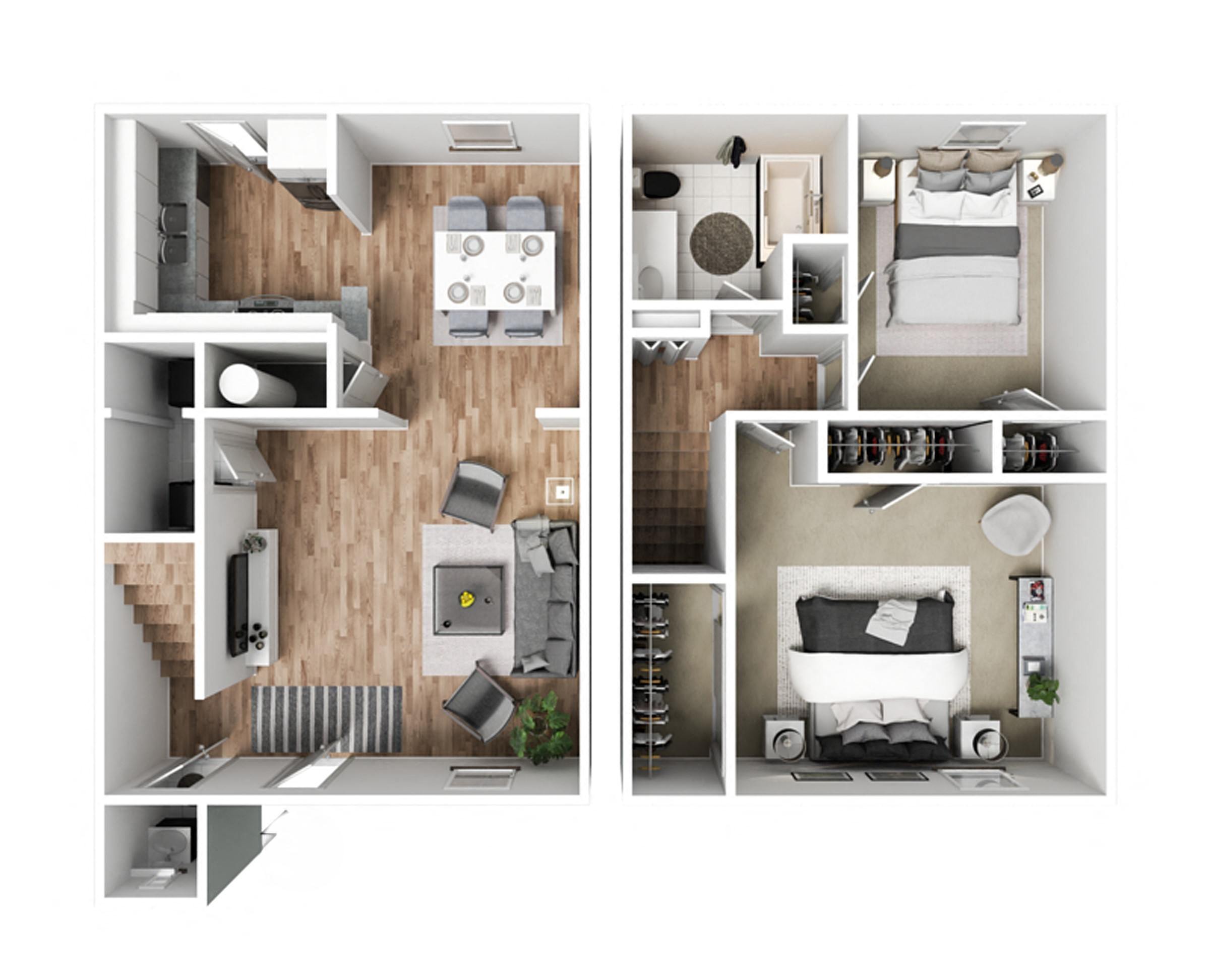 Floor plan for 2 beds, 1.5 baths, 1272 sqft
