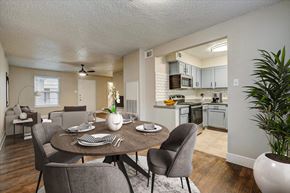 Dallas apartment for rent - an open kitchen and dining area with a table and chairs