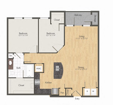 Floor plan for 2 beds, 1 bath, 1064 sqft