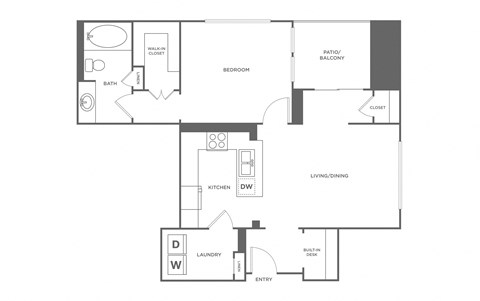 Floor plan for 1 bed, 1 bath, 998 sqft