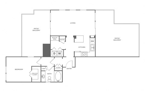 Floor plan for 1 bed, 1 bath, 1579 sqft