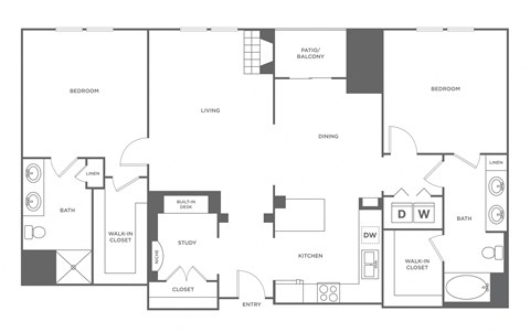 Floor plan for 2 beds, 2 baths, 1316 sqft