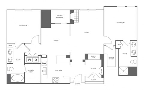 Floor plan for 2 beds, 2 baths, 1329 sqft