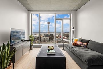 Seattle apartment for rent - A living room with a grey couch and a large window overlooking a cityscape.