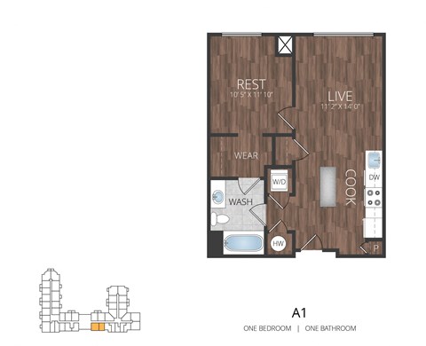 Floor plan for 1 bed, 1 bath, 635 sqft