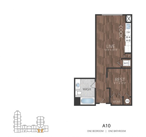 Floor plan for 1 bed, 1 bath, 499 sqft