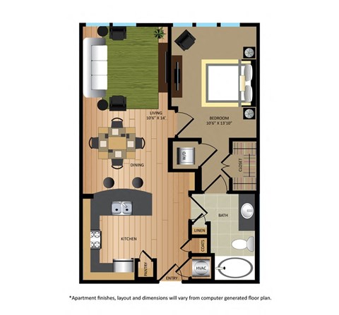 Floor plan for 1 bed, 1 bath, 668 sqft