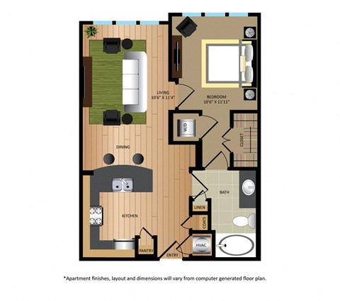Floor plan for 1 bed, 1 bath, 630 sqft
