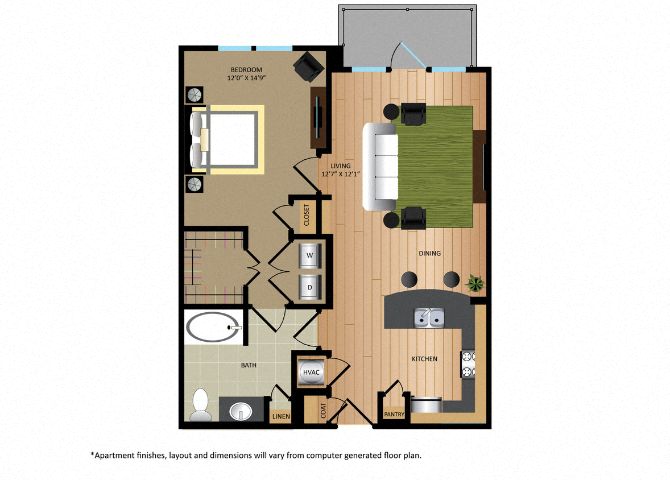 Floor plan for 1 bed, 1 bath, 772 sqft