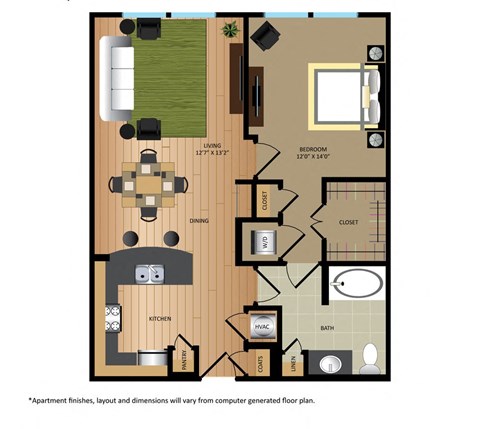 Floor plan for 1 bed, 1 bath, 795 sqft