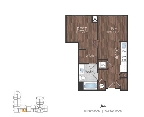 Floor plan for 1 bed, 1 bath, 569 sqft