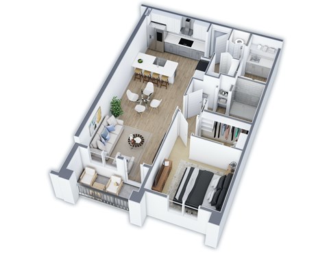 Floor plan for 1 bed, 1 bath, 857 sqft