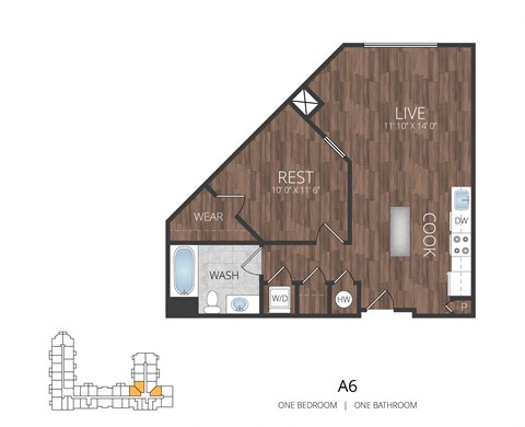 Floor plan for 1 bed, 1 bath, 685 sqft