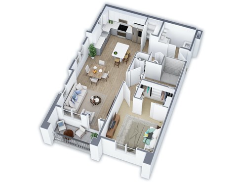 Floor plan for 1 bed, 1 bath, 886 sqft