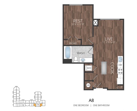 Floor plan for 1 bed, 1 bath, 621 sqft