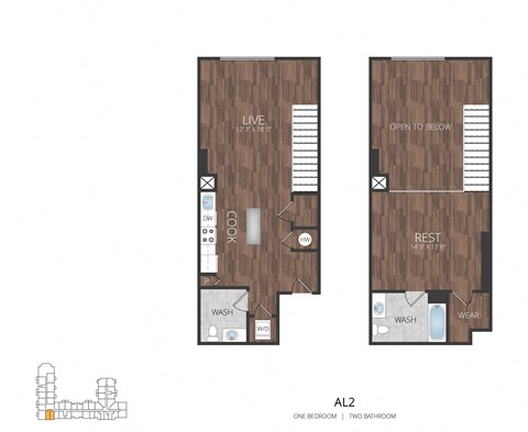 Floor plan for 1 bed, 1 bath, 937 sqft