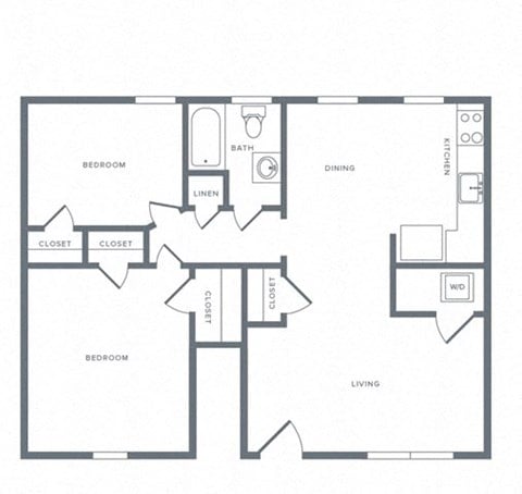 Floor plan for 2 beds, 1 bath, 765 sqft