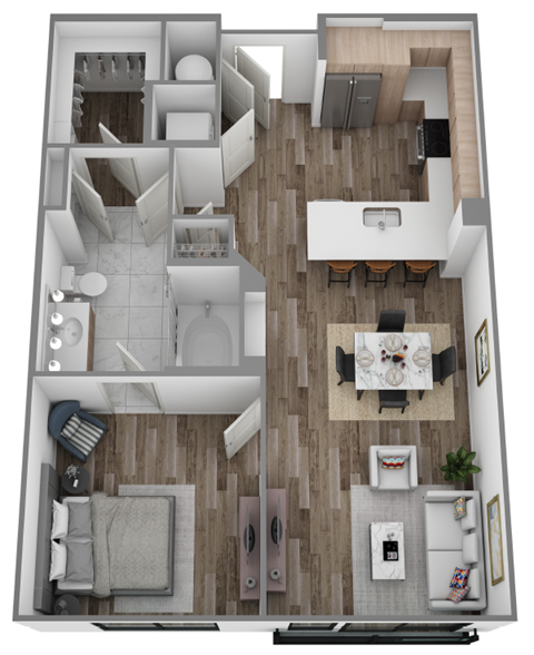 Floor plan for 1 bed, 1 bath, 725 sqft