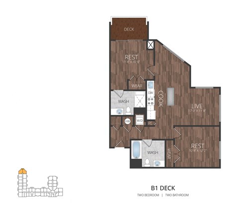 Floor plan for 2 beds, 2 baths, 901 sqft