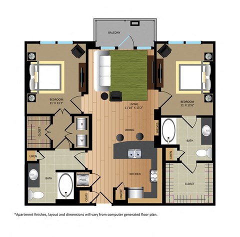 Floor plan for 2 beds, 2 baths, 1001 sqft
