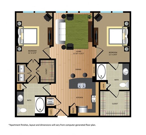 Floor plan for 2 beds, 2 baths, 1076 sqft