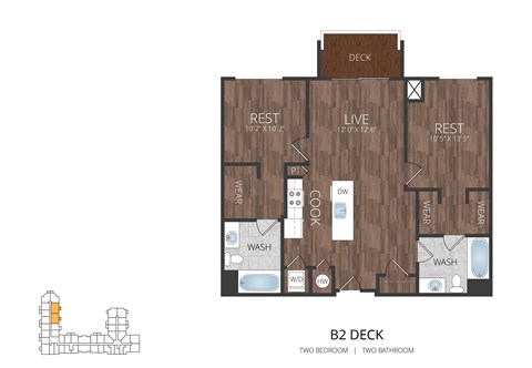 Floor plan for 2 beds, 2 baths, 948 sqft