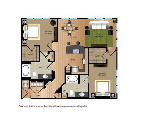 Floor plan for 2 beds, 2 baths, 1171 sqft