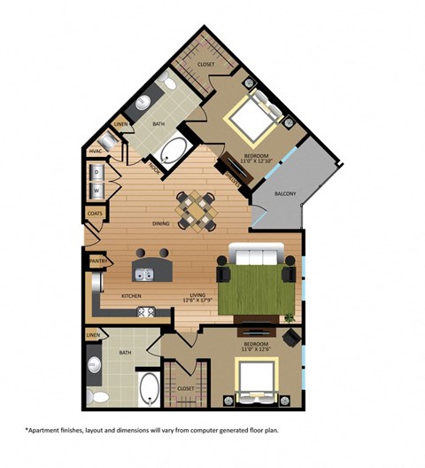 Floor plan for 2 beds, 2 baths, 1263 sqft
