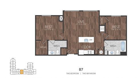 Floor plan for 2 beds, 2 baths, 929 sqft