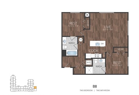 Floor plan for 2 beds, 2 baths, 970 sqft