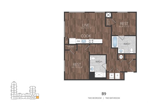Floor plan for 2 beds, 2 baths, 967 sqft