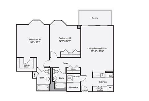 Floor plan for 2 beds, 2 baths, 1069 sqft