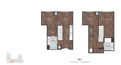 Floor plan for 2 beds, 2 baths, 968 sqft