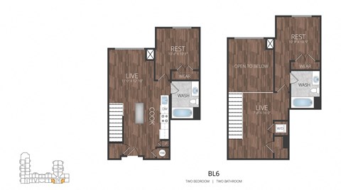 Floor plan for 2 beds, 2 baths, 1040 sqft