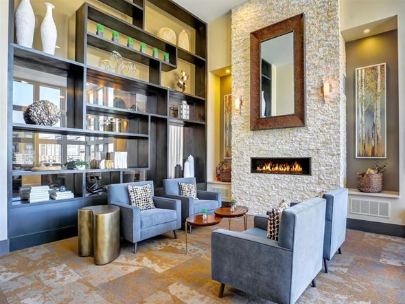 Denver apartment for rent - Living Room with fireplace at Pearl DTC, Denver, CO, 80237