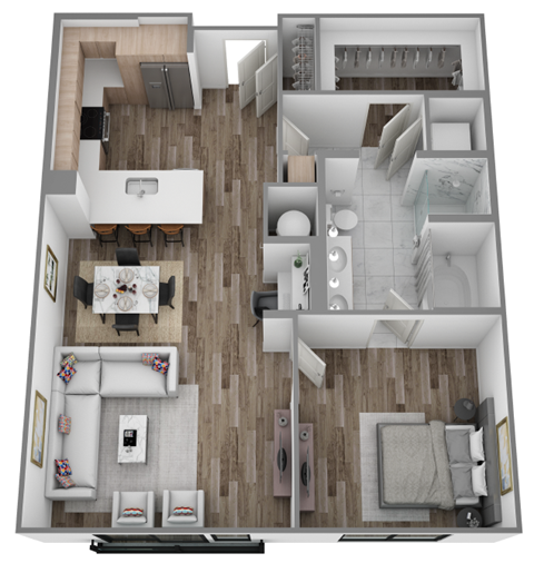 Floor plan for 1 bed, 1 bath, 852 sqft