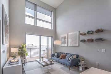 Boston apartment for rent - a living room with a blue couch and a large window