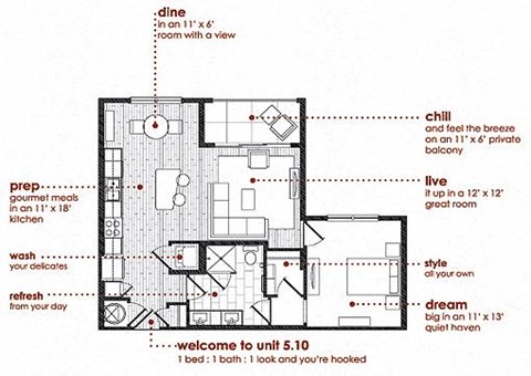 Floor plan for 1 bed, 1 bath, 855 sqft