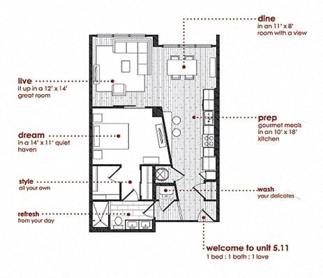 Floor plan for 1 bed, 1 bath, 901 sqft