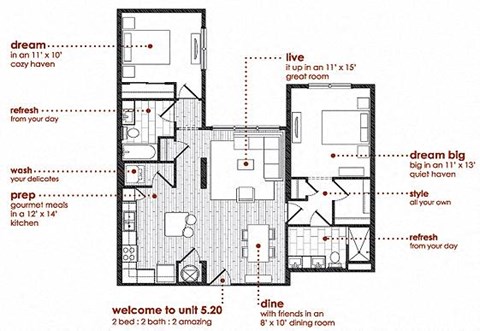 Floor plan for 2 beds, 2 baths, 1109 sqft