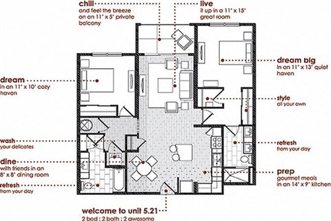 Floor plan for 2 beds, 2 baths, 1225 sqft