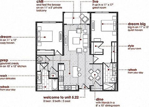 Floor plan for 2 beds, 2 baths, 1261 sqft