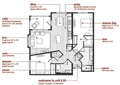 Floor plan for 2 beds, 2 baths, 1323 sqft